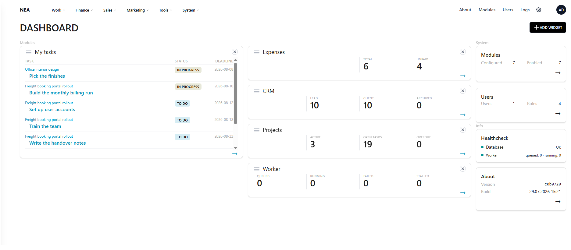 NEXA dashboard: my tasks, expenses, CRM, projects and system widgets side by side