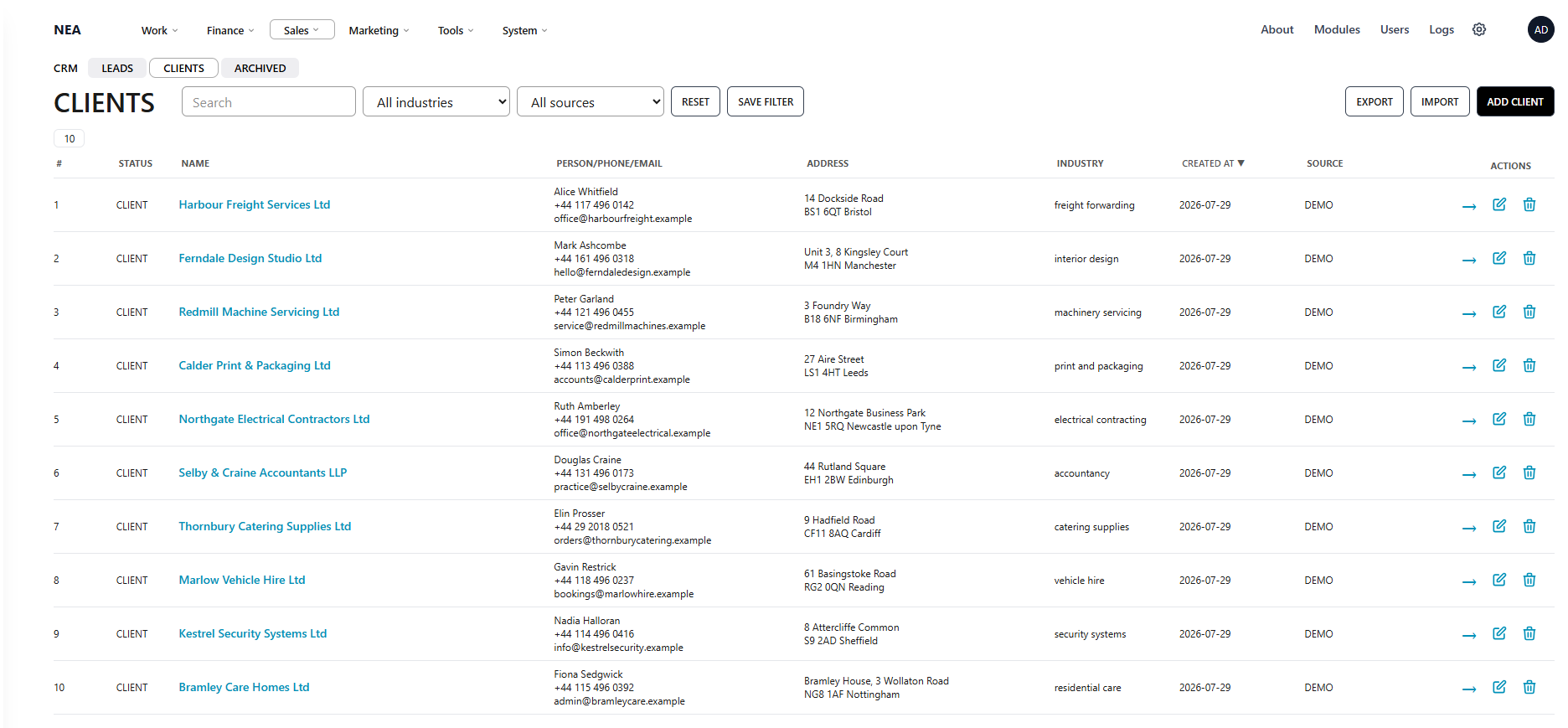 NEXA client list with status, contact, address, industry and source columns