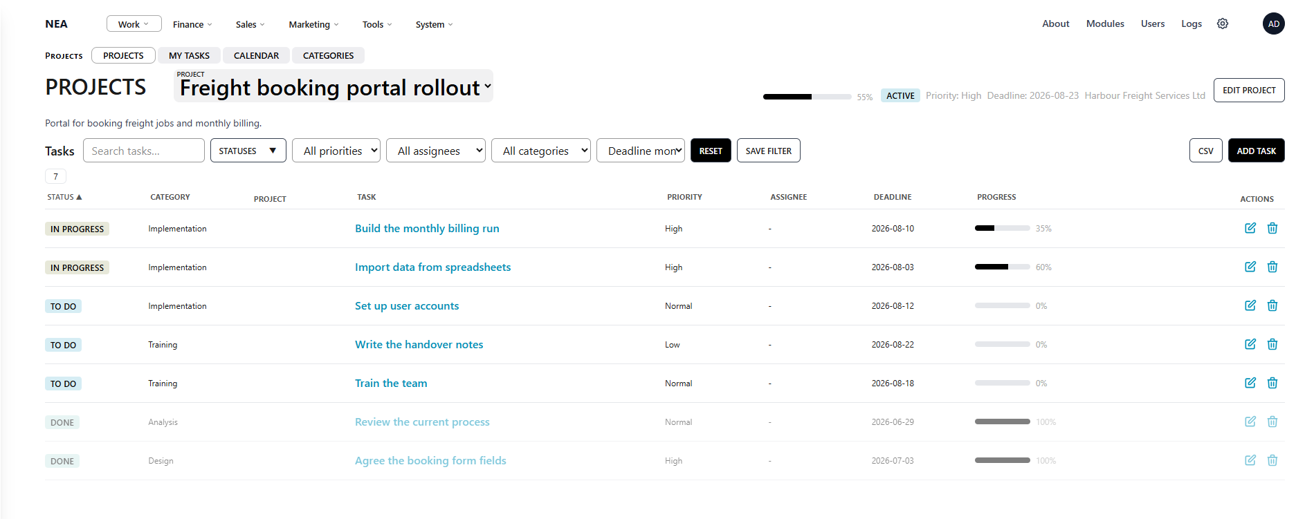 NEXA project view with a task list, statuses, deadlines and progress bars