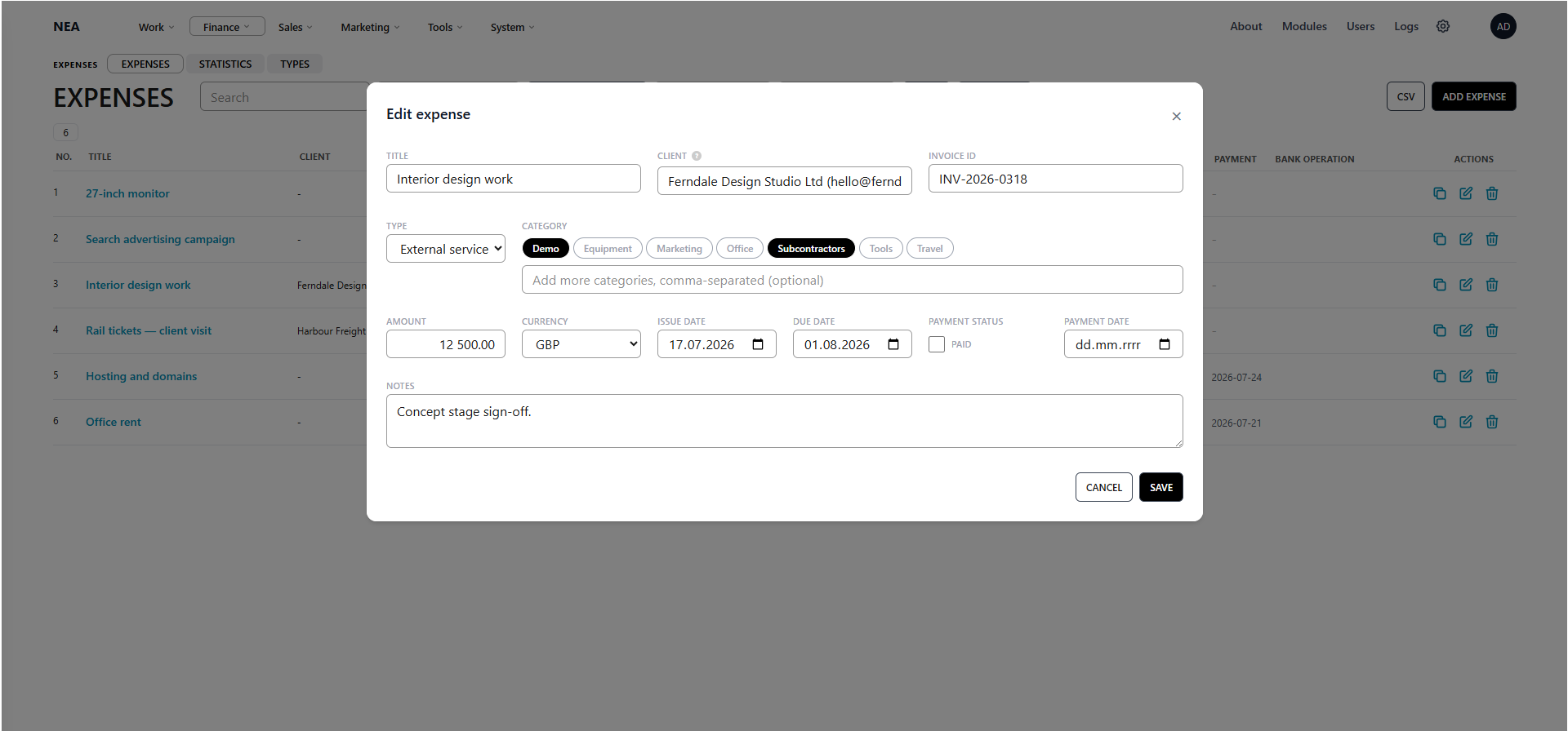 NEXA expense form with client, invoice id, categories, amount and payment dates