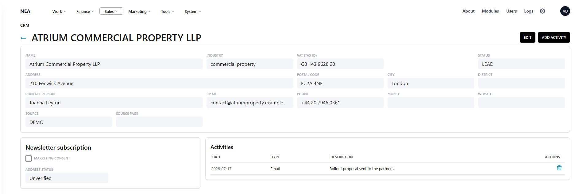 NEXA client record with company details, newsletter consent and an activity log