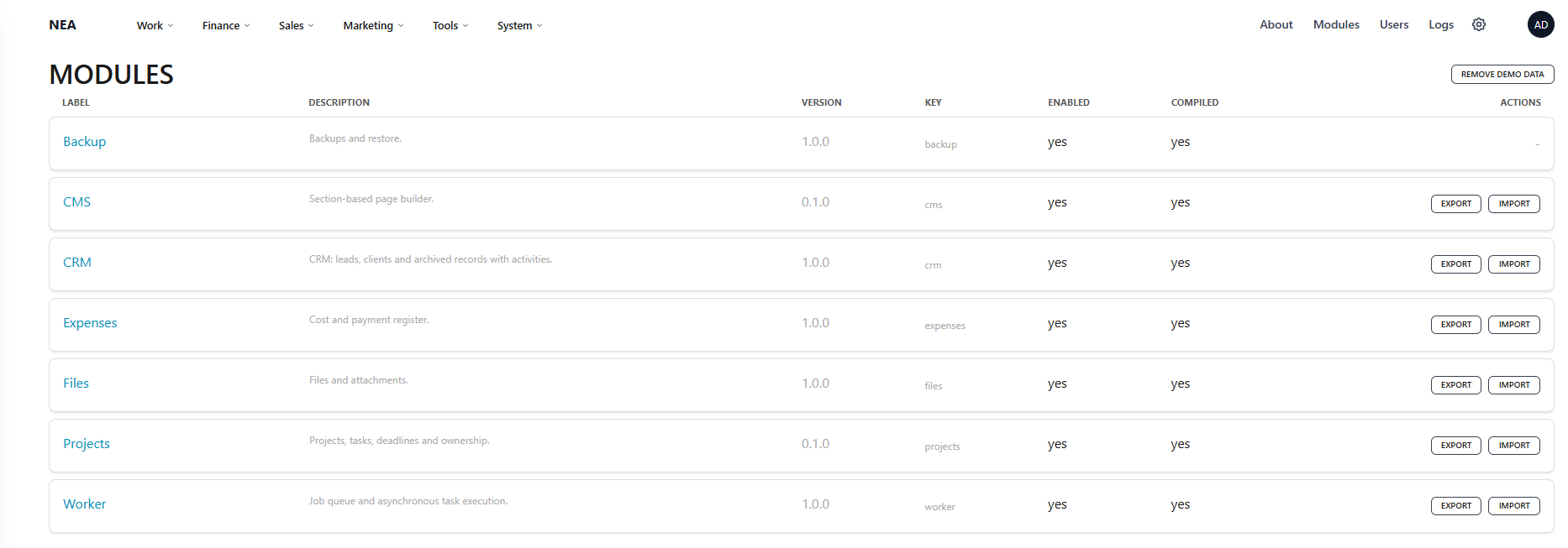 NEXA modules list with backup, CMS, CRM, expenses, files, projects and worker